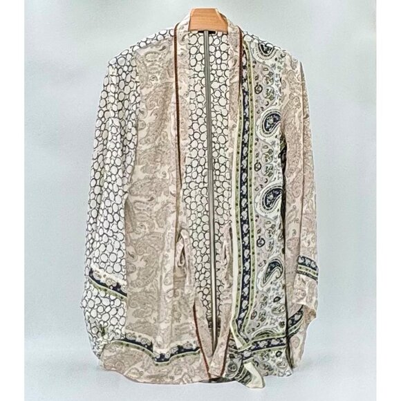 BCBG MaxAzria 100% Silk Kimona Geometric Paisley Navy Tan - Picture 2 of 6